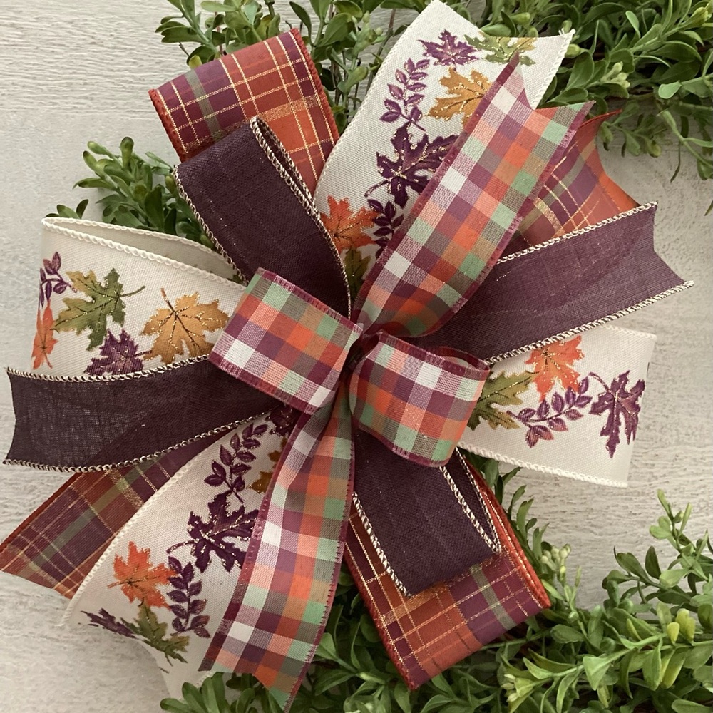 Autumn Plaid and Leaf Purple Bow - Picture 3 of 3